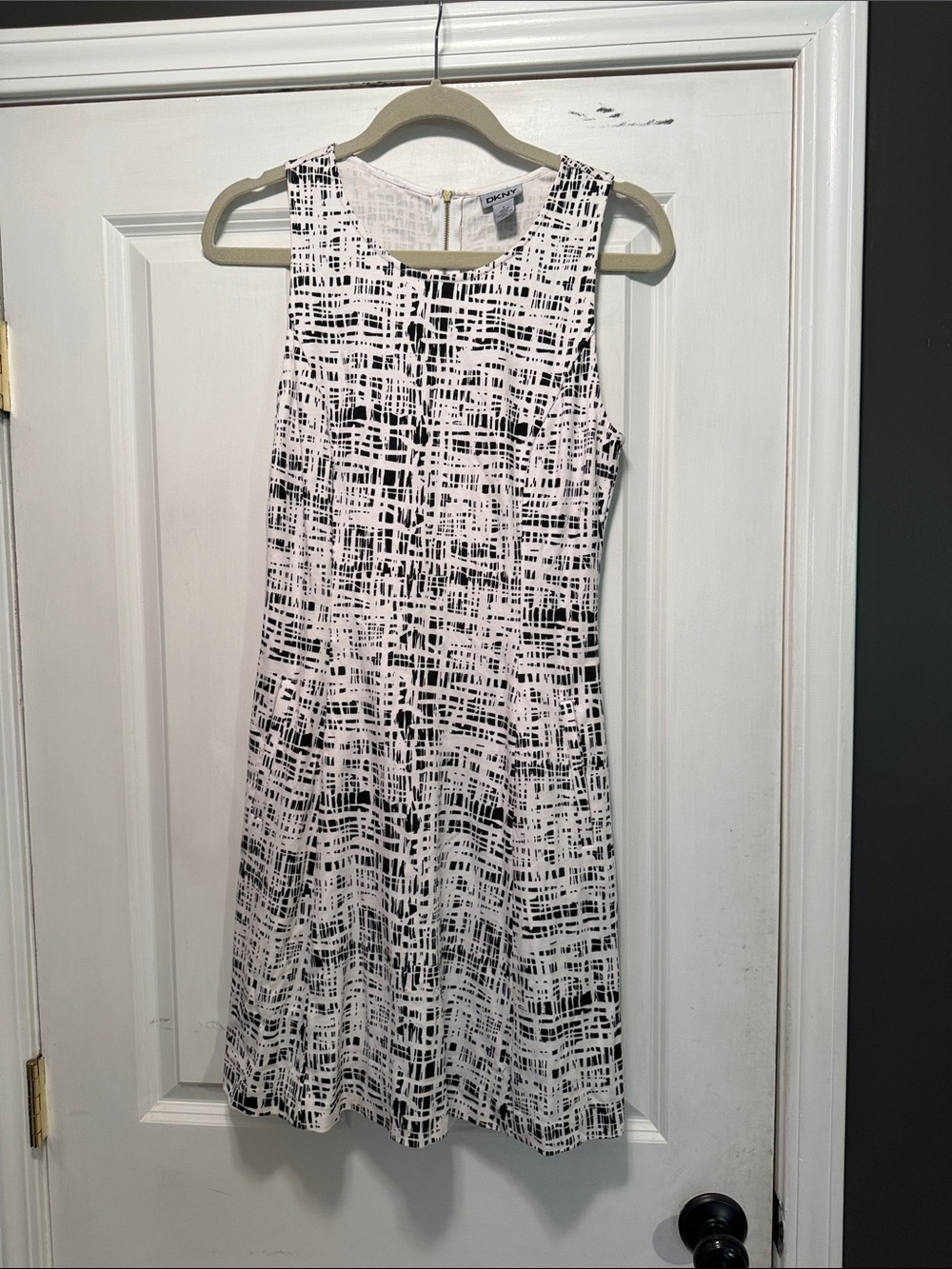 DKNY Black and White Abstract Grid Midi Dress